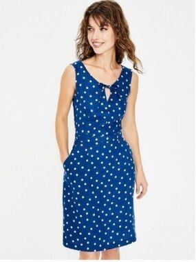 Boden Blue and White Polka Dot Sleeveless linen Midi Dress